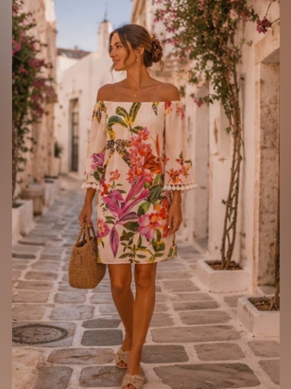 Trina Turk Off Shoulder Floral Tassel Mini Dress Resort Boho Chic